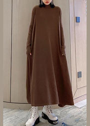 Fashion chocolate Sweater dresses Refashion high neck large hem Mujer fall knitwear - bagstylebliss