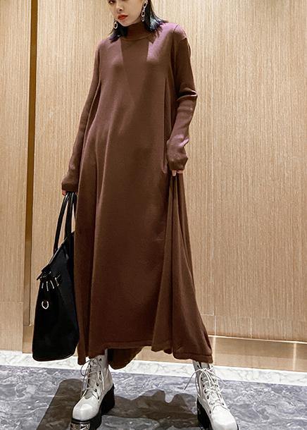 Fashion chocolate Sweater dresses Refashion high neck large hem Mujer fall knitwear - bagstylebliss