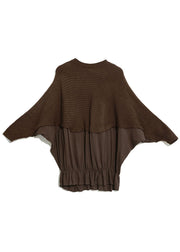 Fashion Chocolate O-Neck Batwing Sleeve Patchwork Knit top