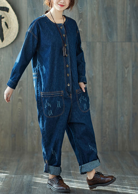 Fashion dunkelblau O-Neck Taschen Denim Overalls Frühling