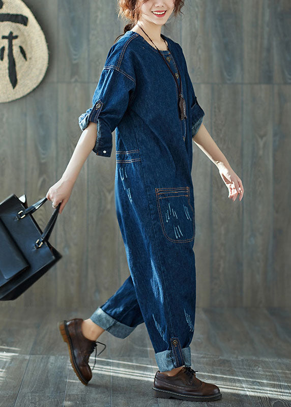 Fashion dunkelblau O-Neck Taschen Denim Overalls Frühling