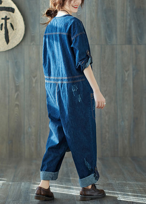 Fashion dunkelblau O-Neck Taschen Denim Overalls Frühling