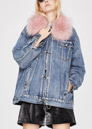 Fashion denim blue Pink fur collar Winter Duck Down Jacket