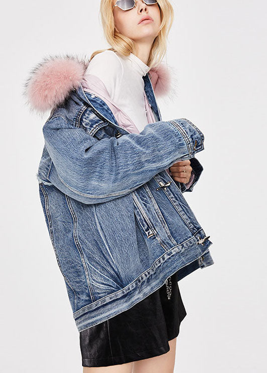 Fashion denim blue Pink fur collar Winter Duck Down Jacket