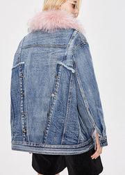 Fashion denim blue Pink fur collar Winter Duck Down Jacket