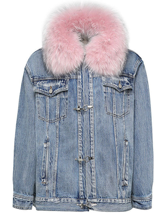 Mode Jeansblau Rosa Pelzkragen Winter Entendaunenjacke