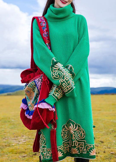 Fashion embroidery Sweater high neck weather Beautiful green oversized knit dresses - bagstylebliss