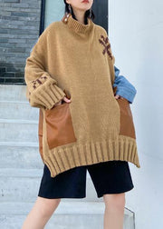 Fashion fall khaki knit tops plus size o neck patchwork sweater tops - bagstylebliss