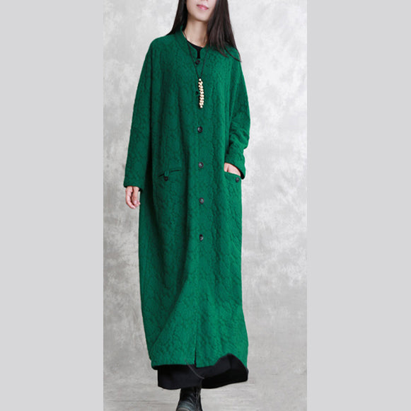 Fashion green maxi coat casual Stand pockets Cotton linen Coat women long sleeve baggy coat