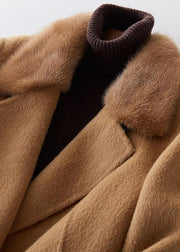 Fashion khaki woolen coats casual winter coat fur collar jackets tie waist - bagstylebliss