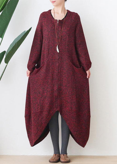 Fashion oversize medium length coat winter coats red v neck asymmetric Wool jackets - bagstylebliss