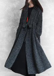 Fashion oversized long winter coat dark gray v neck drawstring wool coat for woman - bagstylebliss