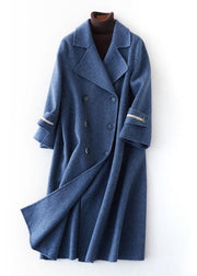 Fashion oversized long winter coat double breast outwear denim blue Notched Wool jackets - bagstylebliss