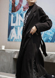 Fashion plus size long coat woolen outwear black Notched tie waist coats - bagstylebliss