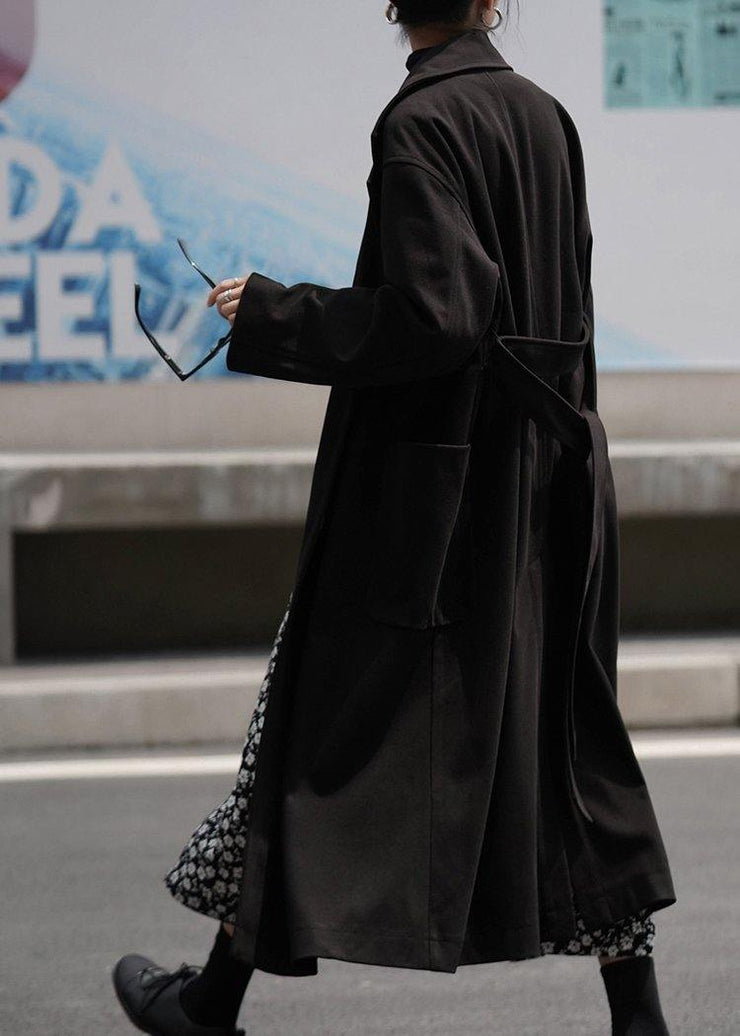Fashion plus size long coat woolen outwear black Notched tie waist coats - bagstylebliss