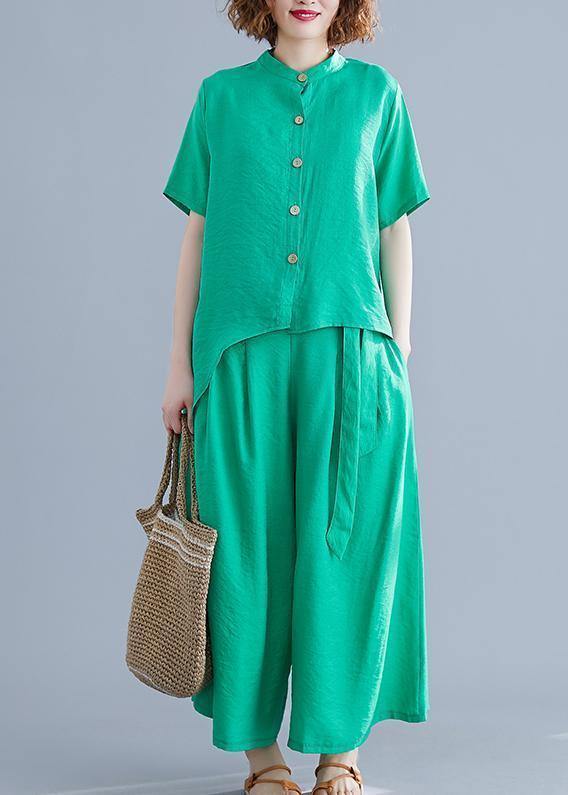 Fashion suit irregular short-sleeved shirt + elastic waist straps wide-leg pants silk green summer - bagstylebliss