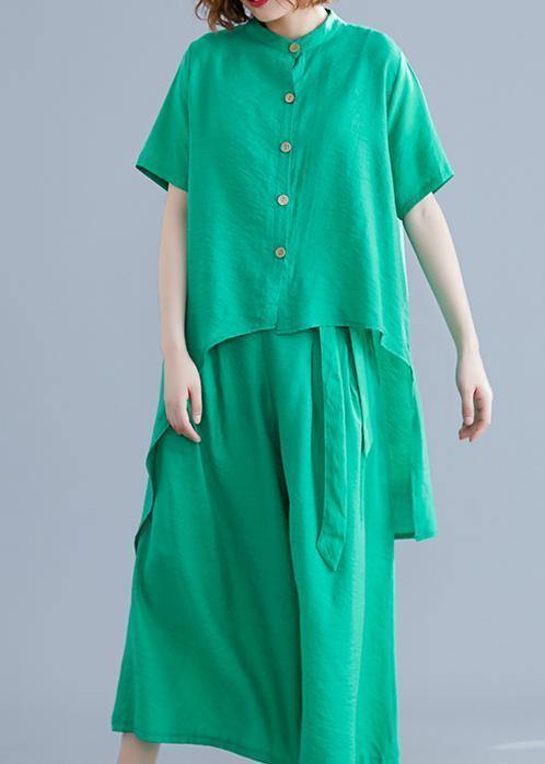 Fashion suit irregular short-sleeved shirt + elastic waist straps wide-leg pants silk green summer - bagstylebliss