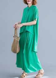 Fashion suit irregular short-sleeved shirt + elastic waist straps wide-leg pants silk green summer - bagstylebliss