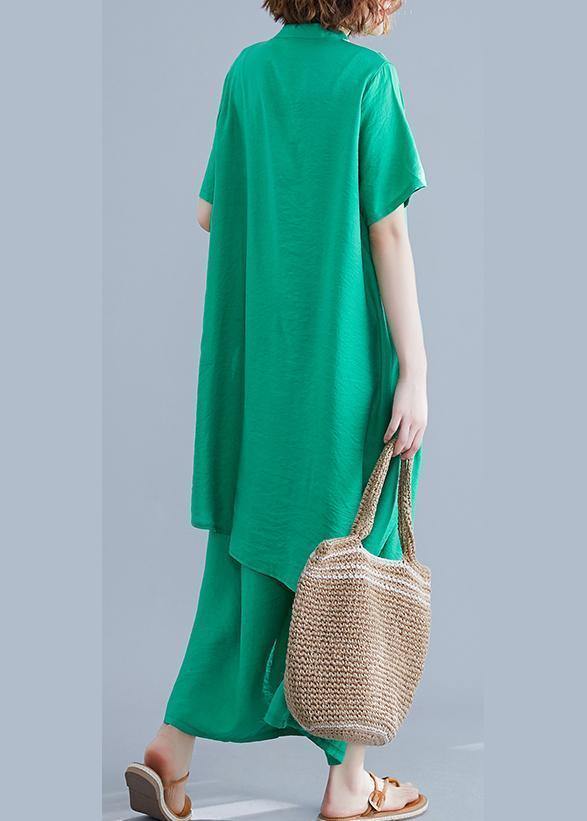 Fashion suit irregular short-sleeved shirt + elastic waist straps wide-leg pants silk green summer - bagstylebliss