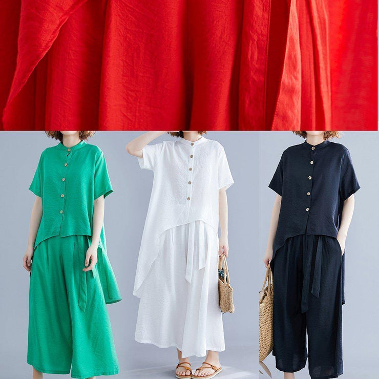 Fashion suit irregular short-sleeved shirt + elastic waist straps wide-leg pants silk green summer - bagstylebliss