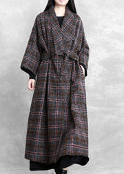 Fashion trendy plus size women coats gray plaid tie waist pockets wool coat - bagstylebliss