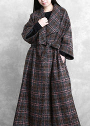 Fashion trendy plus size women coats gray plaid tie waist pockets wool coat - bagstylebliss