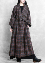 Fashion trendy plus size women coats gray plaid tie waist pockets wool coat - bagstylebliss