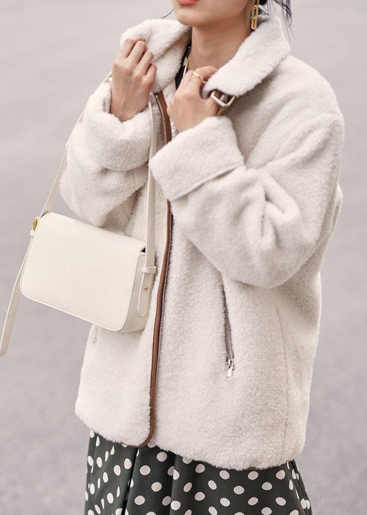 Fashion white wool coat for woman Loose fitting coats zippered lapel jackets - bagstylebliss