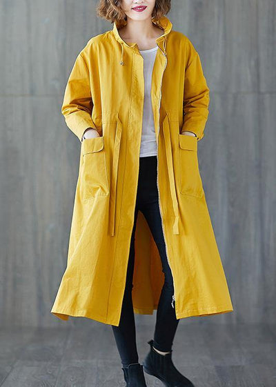 Fashion yellow Coat Women plus size fall Ruffled drawstring zippered coat - bagstylebliss