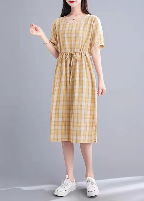 Fashion Cotton Clothes Women Fabric Pink Plaid Loose Dress Summer