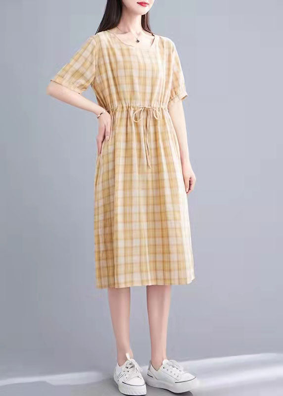 Fashion Cotton Clothes Women Fabric Pink Plaid Loose Dress Summer