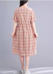 Fashion Cotton Clothes Women Fabric Pink Plaid Loose Dress Summer