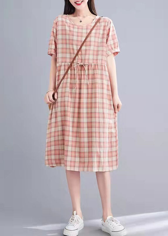 Fashion Cotton Clothes Women Fabric Pink Plaid Loose Dress Summer