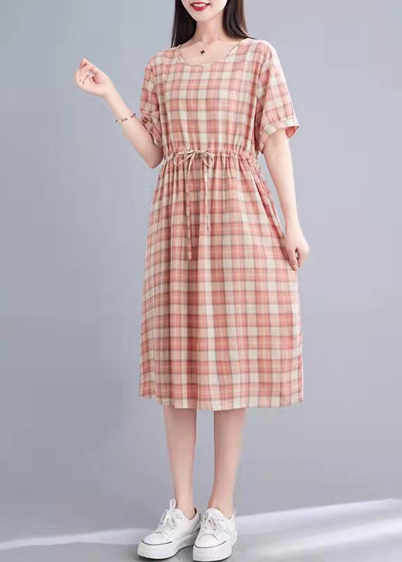 Fashion Cotton Clothes Women Fabric Pink Plaid Loose Dress Summer