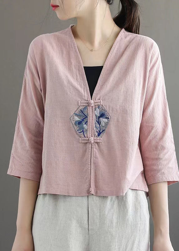 Fashion White Retro Embroidered Patchwork Summer Linen Blouse