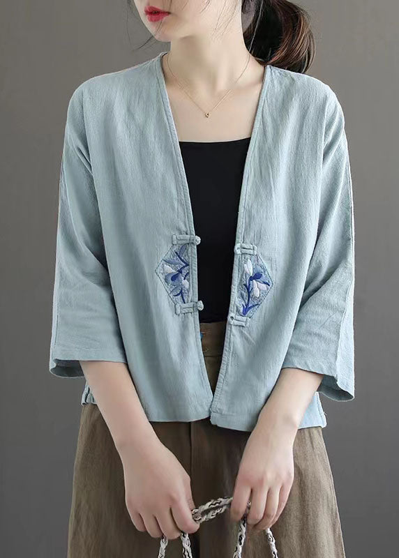 Fashion White Retro Embroideried Patchwork Summer Linen Blouse