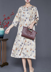 Fine Apricot Print Lace Up Silk Vacation Dresses Half Sleeve