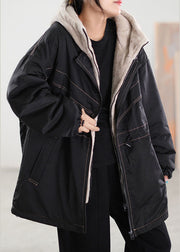 Fine Black Hooded Patchwork Cashmere Parkas Winter