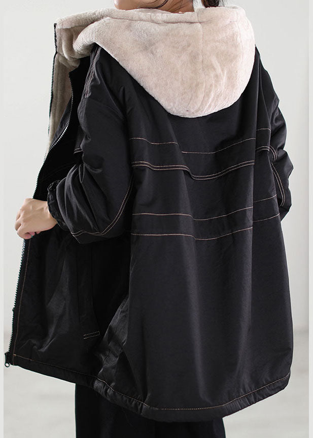 Fine Black Hooded Patchwork Cashmere Parkas Winter