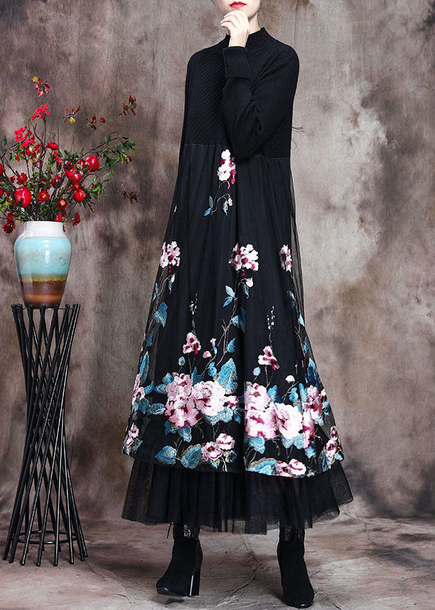 Fine Black Lace Patchwork Knit Robe Dresses Spring