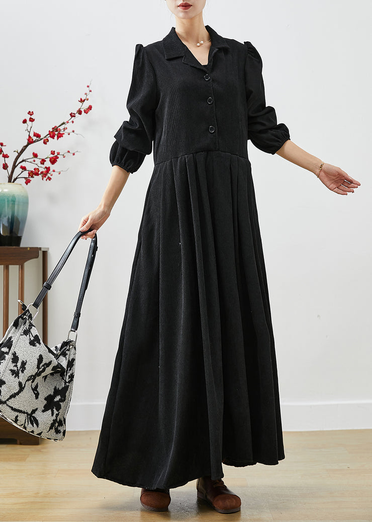 Fine Black Lapel Exra Large Hem Corduroy Holiday Dress Puff Sleeve