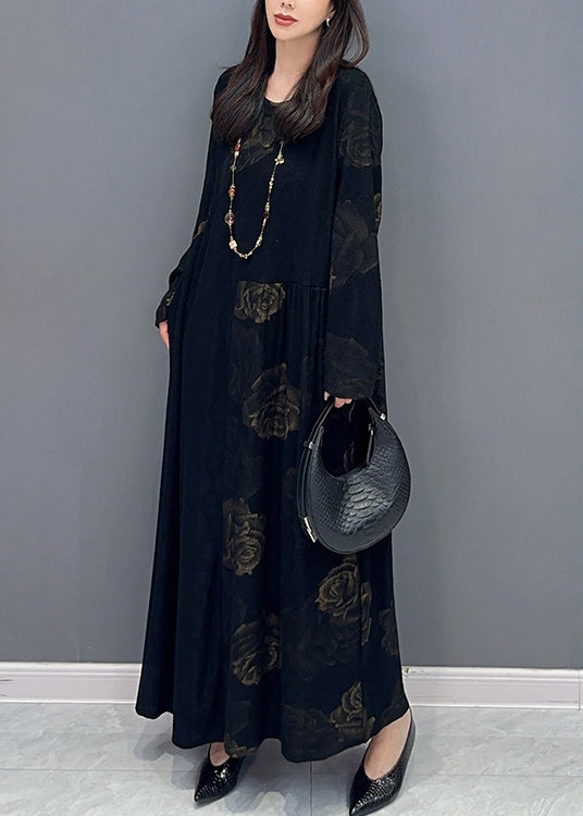 Fine Black O Neck Floral Patchwork Cotton Long Dress Fall