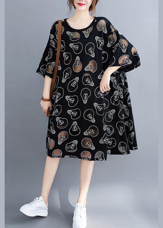 Fine Black O-Neck Loose Summer Jacquard Dresses Half Sleeve - bagstylebliss