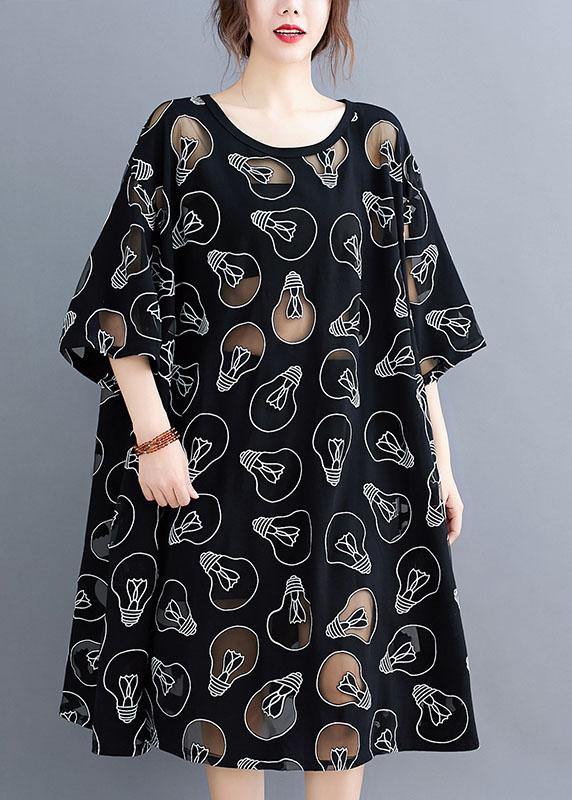 Fine Black O-Neck Loose Summer Jacquard Dresses Half Sleeve - bagstylebliss