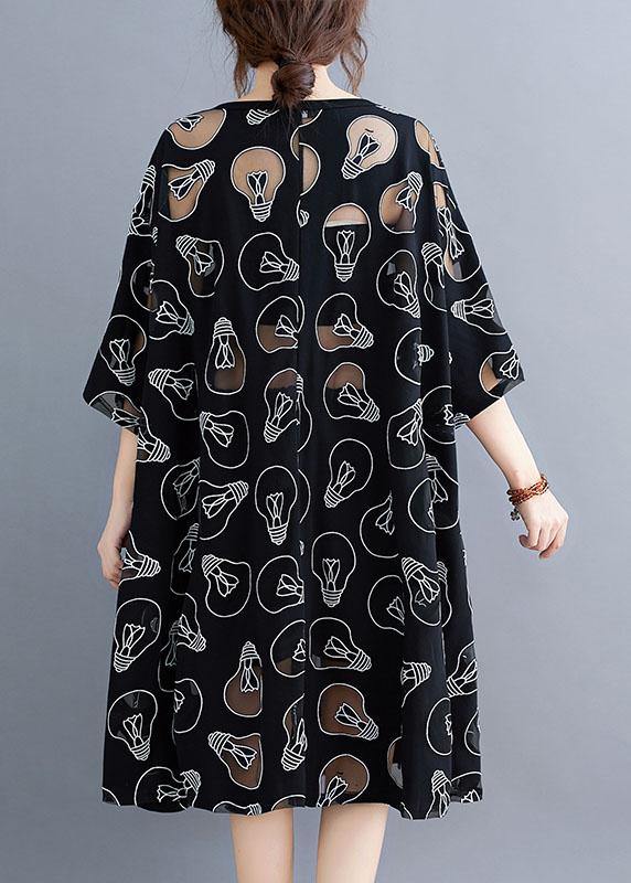 Fine Black O-Neck Loose Summer Jacquard Dresses Half Sleeve - bagstylebliss