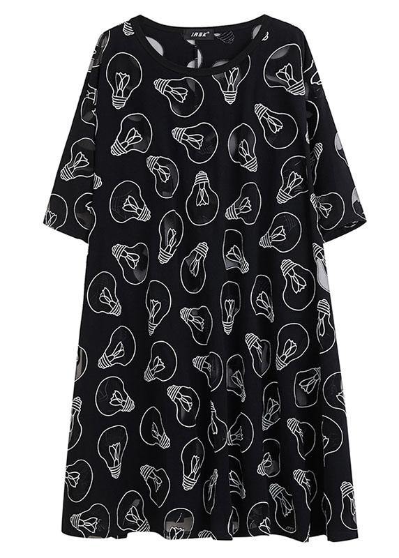 Fine Black O-Neck Loose Summer Jacquard Dresses Half Sleeve - bagstylebliss