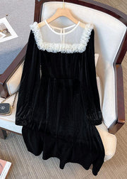 Fine Black O Neck Patchwork Ruffled Velour Mid Dress Spring