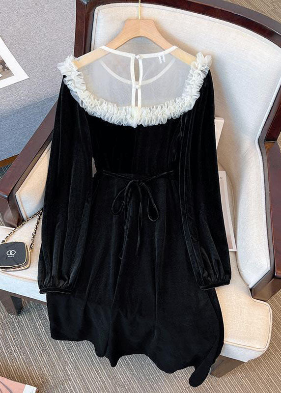 Fine Black O Neck Patchwork Ruffled Velour Mid Dress Spring