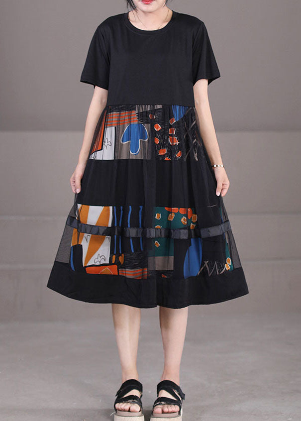 Fine Black O-Neck Tulle Patchwork Print Cotton Party Dress Short Sleeve