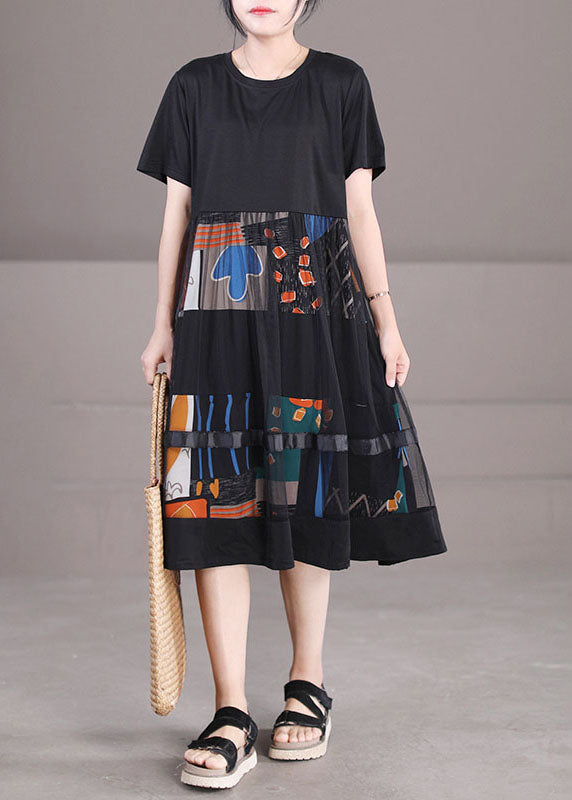 Fine Black O-Neck Tulle Patchwork Print Cotton Party Dress Short Sleeve